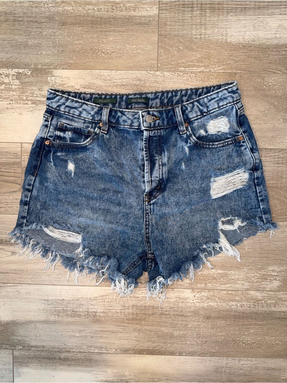 Distressed Button Fly Dark Medium Wash Denim High Rise Frayed Hem Like New 12